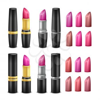 Lipstick Collection Vector. Black, Gold And Silver Tubes. Glossy Lipstick For Woman Lips Make Up. Isolated Illustration