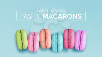 Colourful Macarons Vector. Top View. Tasty Sweet French Macaroons On Blue Background