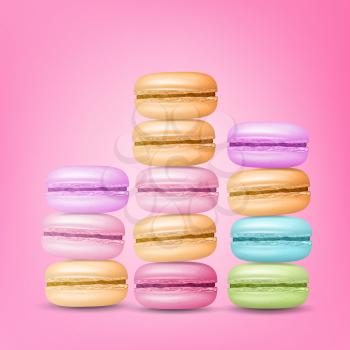 Macarons Set Vector. Colourful Sweet French Macaroons On Pink Background