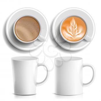 Coffee Cups Vector. Top, Side View. Different Types. Aromatic Classic Hot Coffee. Fast Food Cup Beverage. White Mug. Isolated Illustration