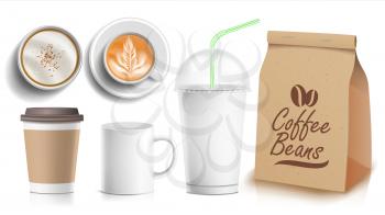 Coffee Packaging Design Vector. Cups Mock Up. White Coffee Mug. Ceramic And Paper, Plastic Cup. Top, Side View. Blank Foil Packaging. Realistic Isolated Illustration