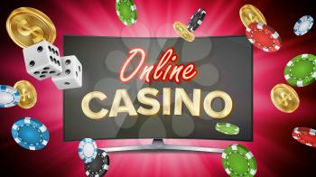 Online Casino Poster Vector. Modern Computer Monitor Concept. Jackpot Billboard, Marketing Luxury Illustration.
