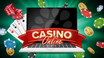 Online Casino Vector. Banner With Laptop. Poker Gambling Casino Poster Sign. Jackpot Billboard, Promo Concept Illustration.