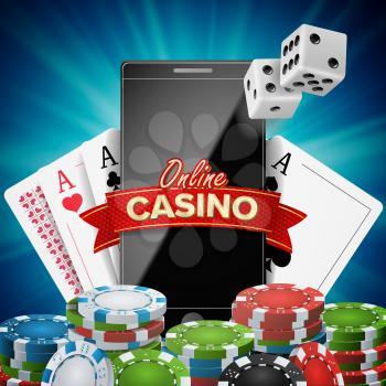 Online Casino Vector. Banner With Mobile Phone. Playing Dice, Dollar Coins. Winner Lucky Symbol. Illustration