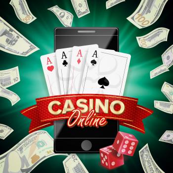 Online Casino Banner Vector. Realistic Smart Phone. Explosion Bright Chips, Playing Dice, Dollar Banknotes. Winner Symbol. Jackpot Billboard, Luxury Banner Illustration.