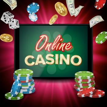 Online Casino Vector. Banner With Tablet. Bright Chips, Dollar Coins. Jackpot Casino Billboard, Signage, Marketing Luxury Poster Illustration.