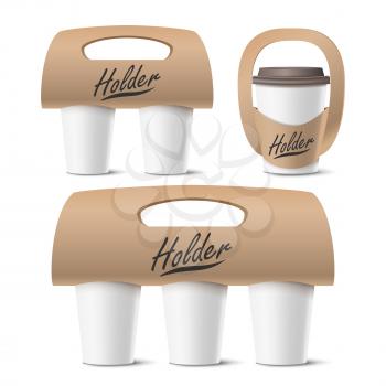 Coffee Cups Holder Set Vector. Realistic Mockup. Empty Packaging For Carrying. One, Two, Three Cups. Hot Drink. Take Away Cafe Coffee Cups Holder Mockup. Isolated