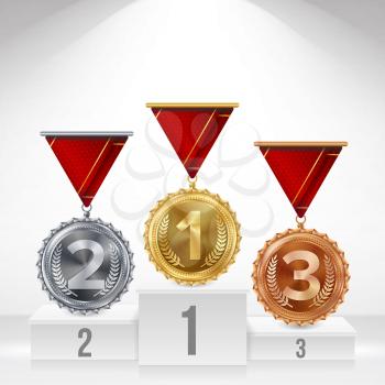 Winner Pedestal With Gold, Silver, Bronze Medals Vector. White Winners Podium. Number One. 1st, 2nd, 3rd Placement Achievement Concept. Isolated Illustration.