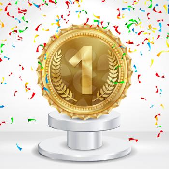 Number One Concept Vector. Metal Realistic First Placement Achievement. Round Medal With Red Ribbon, Relief Detail Illustration. White Winner Pedestal.