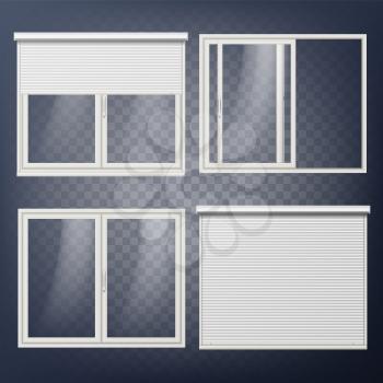 Plastic Door Vector. Modern White Roller Shutter. Opened And Closed. Energy Saving. Corner Door. PVC Profile. Isolated On Transparent Background Illustration