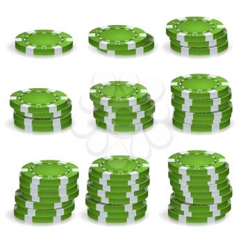 Poker Chips Stacks Vector. 3D Set. Plastic Round Poker Gambling Chips Sign Isolated On White. Casino Jackpot Concept Illustration.
