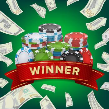 Winner Background Vector. Gambling Poker Chips Lucky Jackpot Illustration. For Online Casino, Playing Cards, Slots, Roulette. Money Stacks. Nightclub Billboard