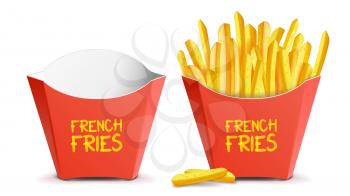 Realistic French Fries Potatoes Vector. Tasty Fast Food Potato. Empty And Full. Isolated On White Background Illustration