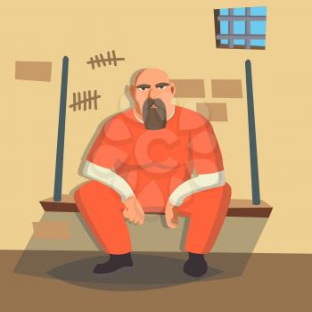 Prisoner In Jail Vector. Gangsta Man Arrested And Locked. Flat Cartoon Illustration