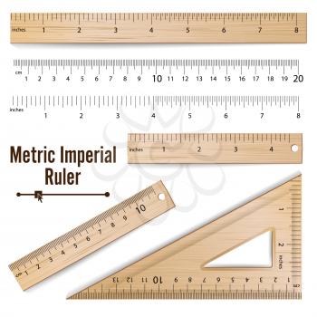 School Rulers Vector. Realistic Classic Wooden Metric Imperial Ruler. Centimeter And Inch. Measure Tools Equipment Isolated On White Illustration