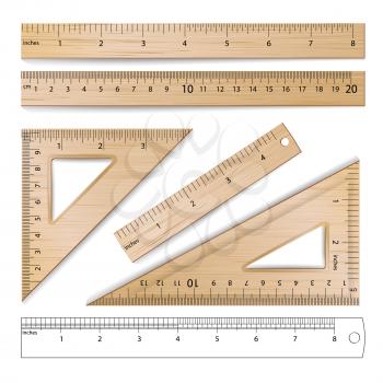 Wooden Metric Imperial Rulers Vector. Centimeter And Inch. Measure Tools Equipment Illustration Isolated On White Background.
