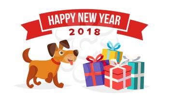 Christmas Dog Cartoon Characters Bector. Happy Dog Flat Design. New Year Business Brochure Illustration. For Xmas Banner, Brochure, Poster, Discount Offer Advertising Background. Isolated