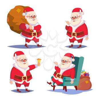 Santa Claus Set Isolated Vector. Cartoon Christmas Character. Classic Red Suit. Good For Flyer, Card, Poster, Decoration, Advertising Design. Xmas Design Element