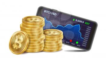 Smartphone And Bitcoin Coins Vector. Digital Money. Cryptocurrency Investment Concept. Realistic 3D Gold Coins. Isolated On White Illustration