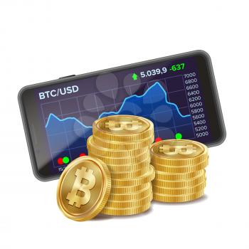 Bitcoin Trading Chart Vector. 3D Coins. Currency Investment Concept. Banking And Money. Trading And Trend. Isolated On White Illustration
