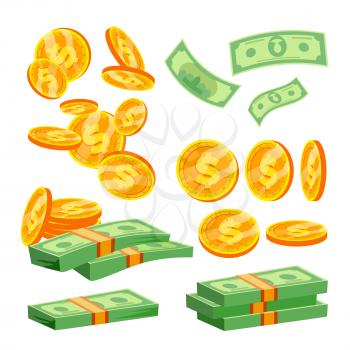 Packages Of Banknotes Vector. Pile Of Cash. Dollar Stack. Hundreds Of Dollars. Isolated Flat Illustration