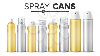 Spray Can Set Vector. Realistic White Cosmetics Bottles Blank Can Spray, Deodorant, Air Freshener. With Lid And Without. 3D Packaging. Mock Up. Isolated