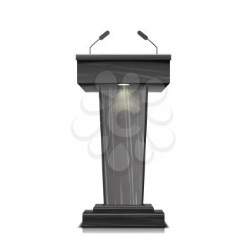 Realistic Wooden Tribune Isolated Vector. With Two Microphones. Dark Wooden Podium Stand Sign Rostrum. Illustration For The Performance Presentation
