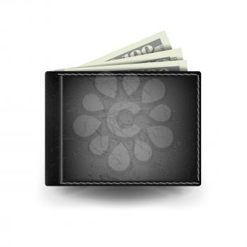 Full Wallet Vector. Black Color. Classic Modern Leather Wallet. Dollar Banknotes. Isolated Illustration