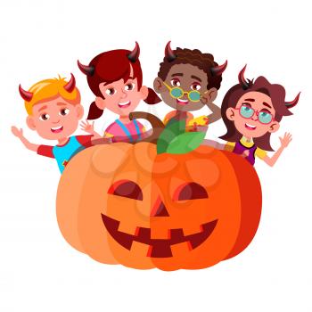 Group Of Children With Devil Horns Peeking Out From Large Pumpkin Vector. Halloween Illustration