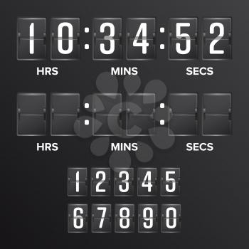 Flip Countdown Timer Vector. Analog Black Scoreboard Digital Timer Blank. Hours, Minutes, Seconds. Time