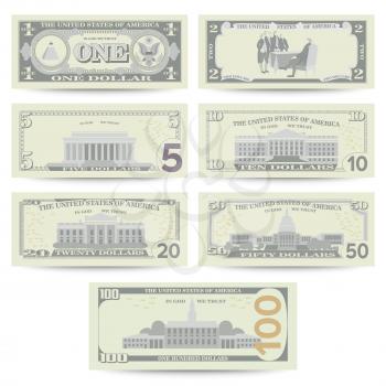 Dollars Banknote Set Vector. Cartoon US Currency. Flip Side Of American Money Bill Isolated Illustration. Cash Dollar Symbol. Every Denomination Of US Currency