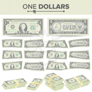 1 Dollar Banknote Vector. Cartoon US Currency. Two Sides Of One American Money Bill Isolated Illustration.