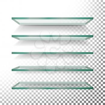 Empty Glass Shelves Template Vector Set. Realistic Transparent Blue Glass Shelves On Checkered Background