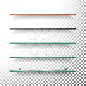 Empty Glass And Wood Shelves Template Vector. Realistic Different Colors Set Attached To The Wall And Shadow.