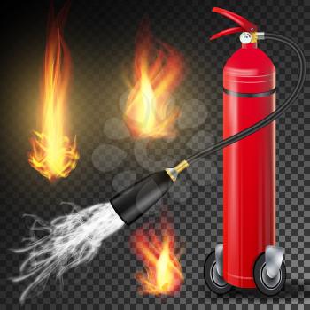 Red Fire Extinguisher Vector. Fire Flame Sign And Metal Red Fire Extinguisher. Transparent Background