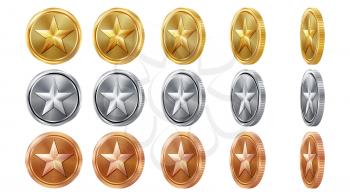 Game 3D Gold, Silver, Bronze Coins Set Vector With Star. Flip Different Angles. Achievement Coin Icons, Sign, Success, Winner, Bonus, Cash Symbol. Illustration Isolated
