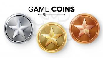 Game Gold, Silver, Bronze Coins Set Vector With Star. Realistic Achievement Icon Illustration. Rank Medals For Game User Interface, Web, Video Game