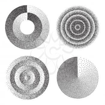 Abstract Geometric Shape Vector. Black Dotted Round Circle. Film Grain, Noise, Grunge Texture. Halftone Background. Vintage Dotwork