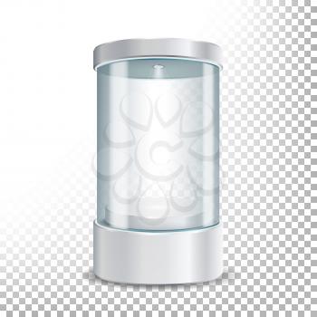 Round Empty Glass Showcase Podium With Spotlight And Sparks. Blank For Exhibit With A Pedestal. Vector Illustration. Transparent Background