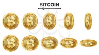 Bitcoin 3D Gold Coins Vector Set. Realistic. Flip Different Angles. Digital Currency Money. Investment Concept. Cryptography Finance Coin Icons, Sign. Fintech Blockchain. Currency Isolated