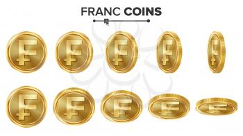 Franc 3D Gold Coins Vector Set. Realistic Illustration. Flip Different Angles. Money Front Side. Investment Concept. Finance Coin Icons, Sign, Success Banking Cash Symbol. Currency Isolated