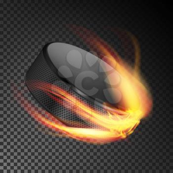 Realistic Ice Hockey Puck In Fire. Burning Hockey Puck On Transparent Background. Vector