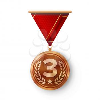 Bronze Medal Vector. Metal Realistic Third Placement Achievement. Round Medal With Red Ribbon, Relief Detail Of Laurel Wreath And Star. Competition Game Bronze Achievement. Winner Trophy