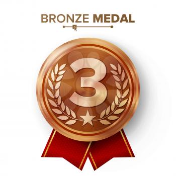 Bronze 3st Place Medal Vector. Metal Realistic Badge With Third Placement Achievement. Round Label With Red Ribbon, Laurel Wreath, Star. Winner Honor Prize.