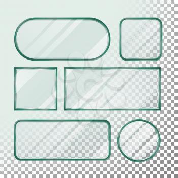 Transparent Glass Buttons Vector. Glass Plates Elements. Set Square, Round, Rectangular Shape. Realistic Plates. Plastic Banners With Reflection. Isolated On Transparency Background Illustration