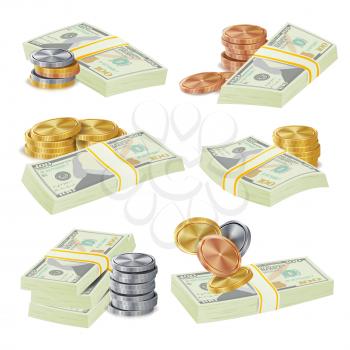 Money Stacks Bill, Coins Isolated Vector Illustration. Realistic Money Stacks Concept