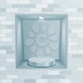 Empty Niche Vector. Realistic Brick Wall. Clean Shelf, Niche, Wall Showcase. Good For Presentations, Display Your Product. Illuminated Light Lamp