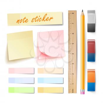 Post Note Sticker Vector. Isolated Set. Memory Pads Colorful. Office Color Post Sticks. Eraser, Pencil, Measuring Ruler. Realistic