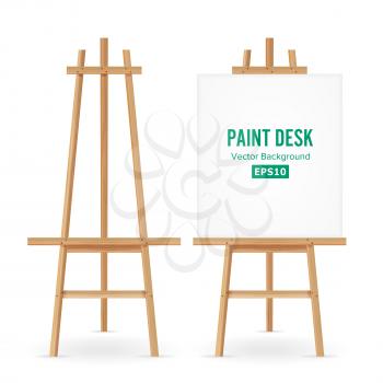 Paint Desk Vector. Artist Easel Set With White Paper. Isolated On White Background. Realistic Painter Desk Blank Canvas On Easel.