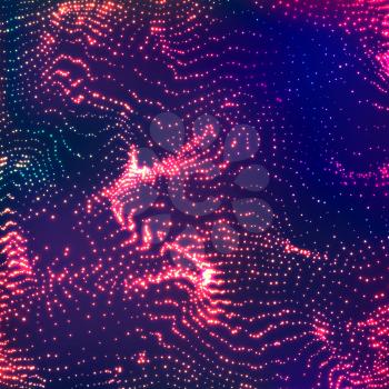 Digital Abstract Background With Glowing Halftone, Flying Debris.